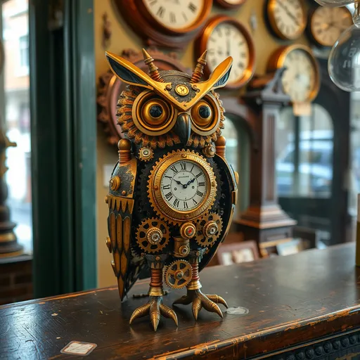 Prompt: A photograph of a steampunk type, clockwork owl setting on the worn counter of a clock shop. The owl is made up of gears, and brass tubes, copper metal pieces and has a clock in the center of its body. there is a slight haze in the air as the light from the street filters through the window.