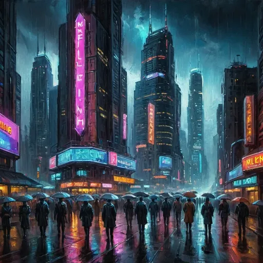 Prompt: High resolution, futuristic sci-fi city, mile high skyscrapers, neon signs, large neon signs, neon lights, very dark, nighttime, crowds of people walking on sidewalks, rainy night, high angle view