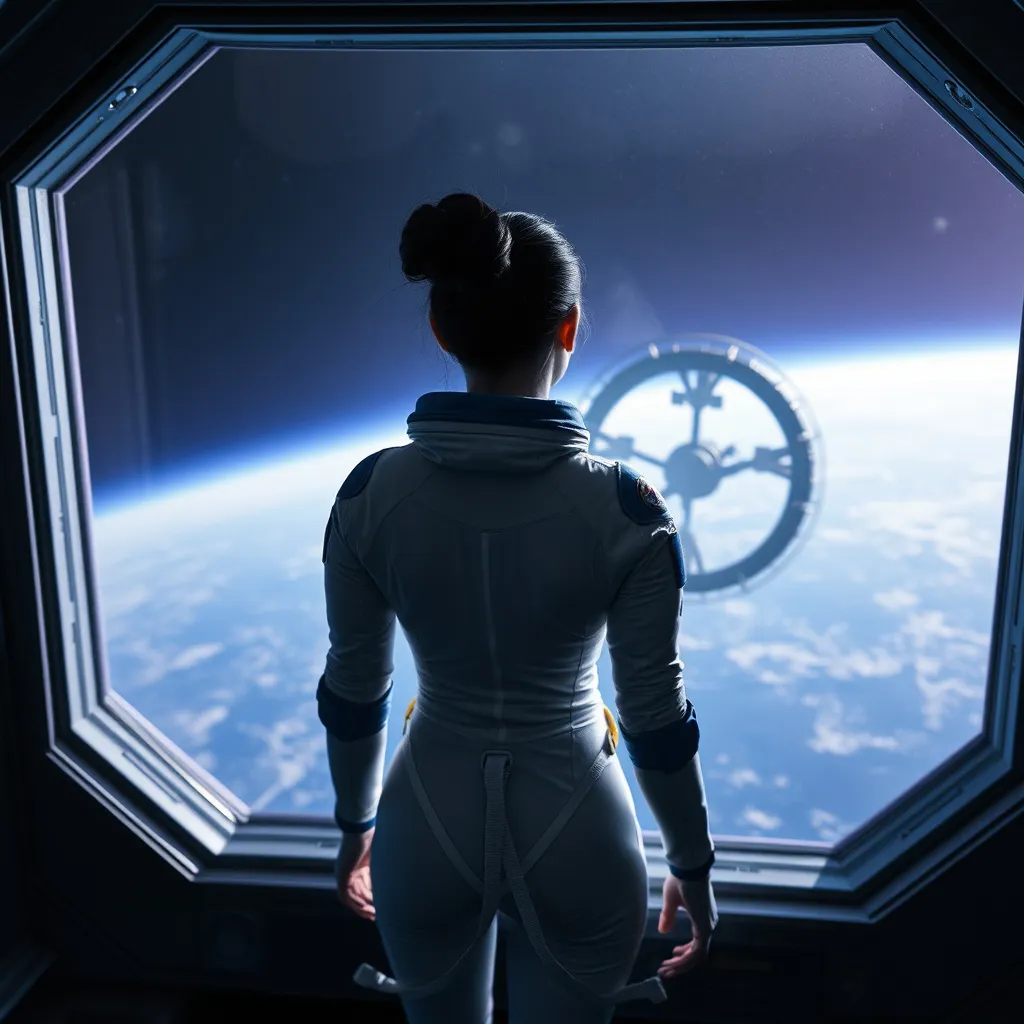 Prompt: a female astronaut with black hair pulled back in a bun, stands on a space ship looking out a large window. The vast expanse of space serving as a dramatic backdrop. The astronaut, adorned in a sleek, tight white spacesuit with blue and red accents, looks out at a large circular space station. The space station casts a sharp shadow, emphasizing the vast emptiness and the stark contrast between the earth below and the unexplored vastness of the universe. A soft, ethereal glow from the spacecraft's lights illuminates the scene, adding a sense of solitude and vulnerability. The background is a blend of deep blues and purples, punctuated by the glow of distant celestial bodies. The image captures the awe-inspiring beauty of the cosmos while simultaneously underscoring the inherent risks and isolation of space exploration