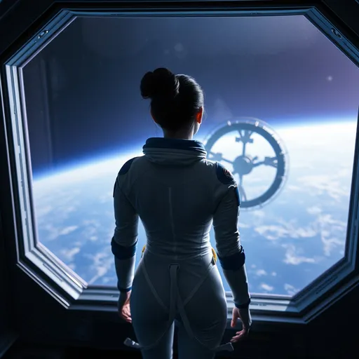 Prompt: a female astronaut with black hair pulled back in a bun, stands on a space ship looking out a large window. The vast expanse of space serving as a dramatic backdrop. The astronaut, adorned in a sleek, tight white spacesuit with blue and red accents, looks out at a large circular space station. The space station casts a sharp shadow, emphasizing the vast emptiness and the stark contrast between the earth below and the unexplored vastness of the universe. A soft, ethereal glow from the spacecraft's lights illuminates the scene, adding a sense of solitude and vulnerability. The background is a blend of deep blues and purples, punctuated by the glow of distant celestial bodies. The image captures the awe-inspiring beauty of the cosmos while simultaneously underscoring the inherent risks and isolation of space exploration