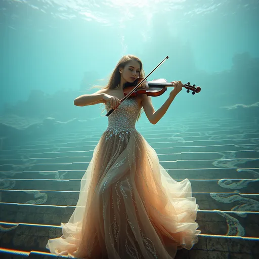 Prompt: A female violinist is in the ocean, under water, wearing a beautiful sequined gown, playing the violin on the steps of the lost city of Atlantis.