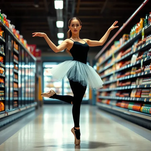 Prompt: A beautiful ballerina in a black leotard, tutu and leggings, doing a pirouette in the aisle of a dimly lit grocery store. She has a perfect beautiful face, full pouty lips, flirty, perfect hands, perfect fingers, perfect body.