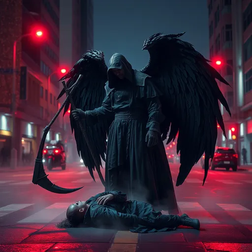 Prompt: photograph of the Angel of Death, he has a very worn black hooded cloak, large black wings on his back, and has his scythe in his left hand. He is standing over the body of his latest victim lying in the intersection of an urban city. It is midnight and the street lights cast a red glow on the scene. there is a mist that hovers just above ground.