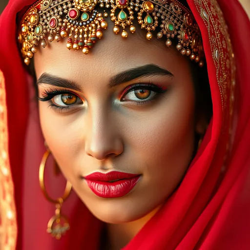 Prompt: A close up photograph of a beautiful 25 year old middle eastern woman, she has warm rich amber eyes, with light brown skin. She is wearing colorful traditional make up with a headdress adorned with precious jewels draped across her forehead. She wears gold earrings made up of multiple joined hoops. She is wearing a red bridal veil on her head.