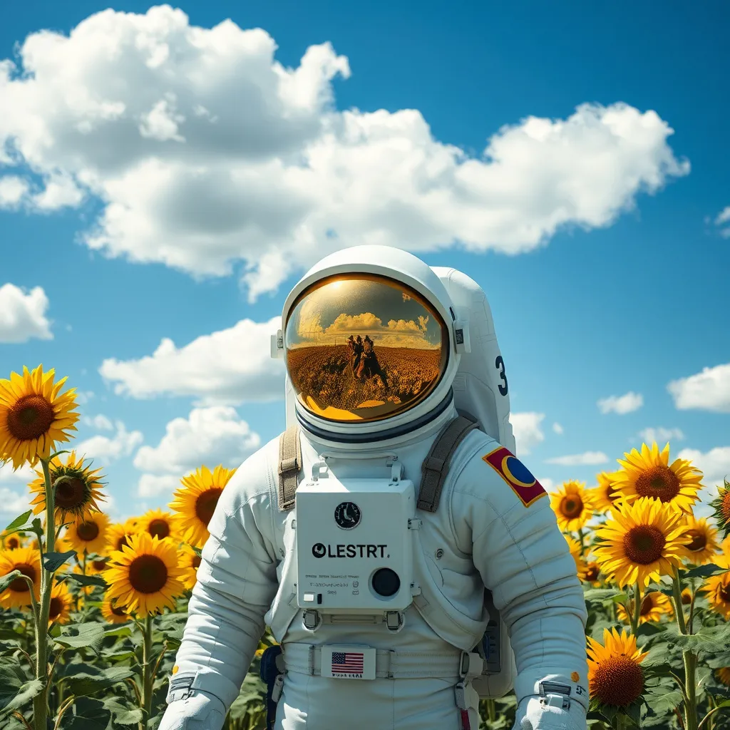 Prompt: An astronaut in a full space suit with a golden face shield reflecting the sunflowers, standing in a field of tall sunflowers. The sky is blue with fluffy white cloud sporadically spread round the sky.