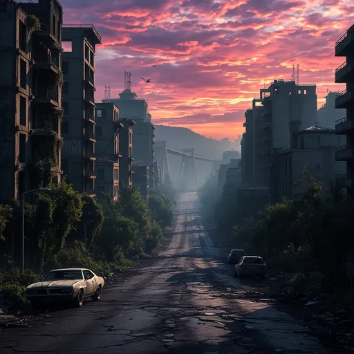 Prompt: A sprawling post-apocalyptic cityscape, shrouded in an eerie smoky haze. Crumbling buildings marred by explosions and structural damage, with their windows shattered and frames skeletal. The streets are overrun by a tapestry of vegetation, with vines climbing up the concrete giants and trees sprouting through cracked asphalt, reclaiming the urban jungle. Burned out, deserted cars sit on the side of the road, a relic of a forgotten era, now a makeshift home for survivors. In the background, a once-bustling bridge now serves as a serene resting place for a flock of birds, oblivious to the decay around them. The sky is a tumultuous blend of purples, reds and oranges, hinting at the dramatic sunset or perhaps a more sinister event on the horizon. The lighting casts long, dramatic shadows across the scene, emphasizing the stark contrast between the vibrant greenery and the lifeless gray of the city's ruins. In the foreground, a solitary figure in a tattered cloak and gas mask navigates the overgrown cityscape, their silhouette stark against the backdrop of a crumbling skyscraper. This visual narrative captures the unyielding resilience of nature amidst the silent testament of humanity's collapse, creating a poignant blend of beauty and despair.