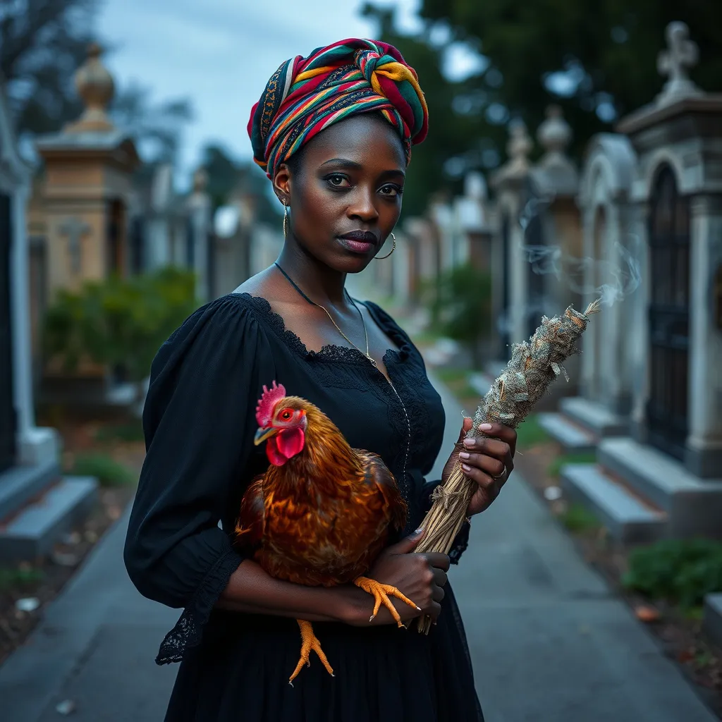 Prompt: A photographic, 3/4 body portrait, of Voodoo Queen Marie Laveau. she is a 40 year old, black woman. She has a colorful cloth wrap around the crown of her head. She wears a dark colored 1860 style dress, her eyes are a fiery red. She stands in a walkway in the middle of St. Louis cemetery No. 1 in New Orleans. She holds a Rhode Island Red chicken in her right hand and she holds a bundle os smoking sage in her left hand. It is dusk and the witching hour is closing in.