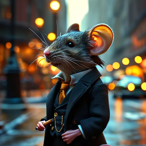 Prompt: A realistic photograph of a male mouse standing on his hind feet, and is humanistic. He has a slim build and is wearing a dark suit with no tie on. his  dark hair on his head is slick and combed back, he has an adventurous smirk on his face. He has a lit cigarette in his right hand and is standing on the sidewalk in a bus down town city next to a silver Aston Martin.