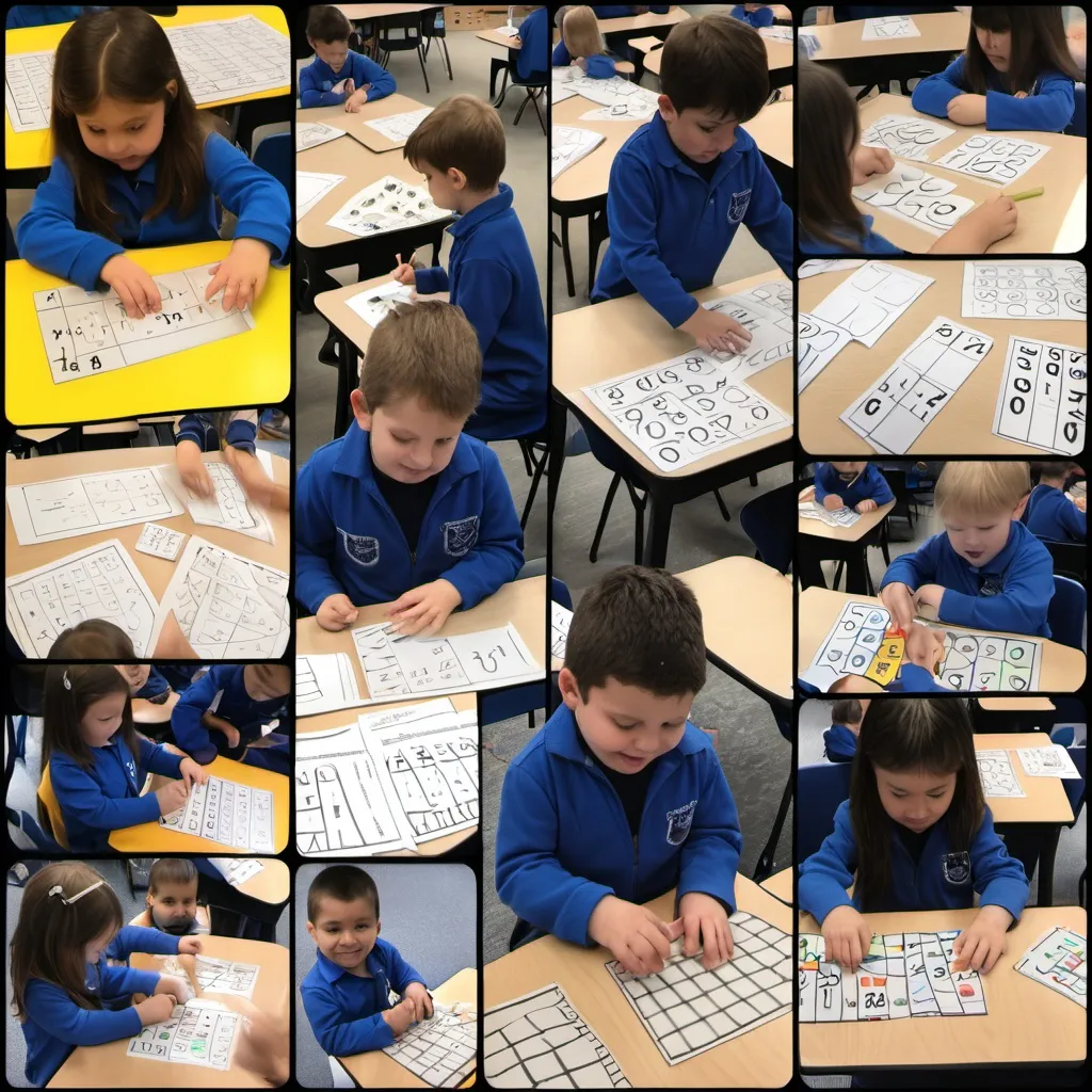 Prompt: Collage of images showing Year One students engaged in math activities