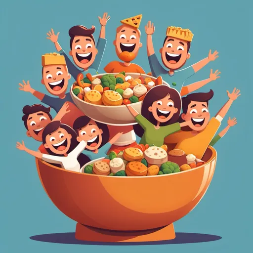 Prompt: happy cartoon people appearing out the top of a bowl with various food items in it