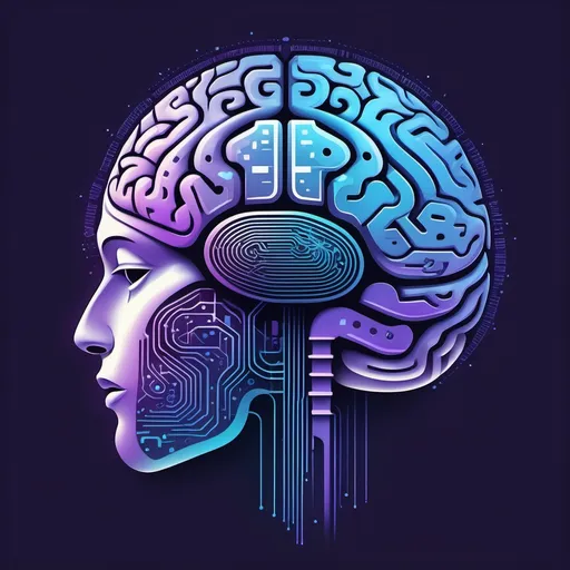 Prompt: Create a futuristic T-shirt design featuring a sleek, abstract human brain with half of it transforming into intricate digital circuits and geometric patterns, symbolizing the merging of human intelligence with AI. The background should have soft gradients of blue and purple, giving a cosmic feel. Integrate subtle binary code flowing around the brain to emphasize data processing. The design should be bold yet minimalistic, suitable for a modern streetwear style, with sharp contrasts and clean lines