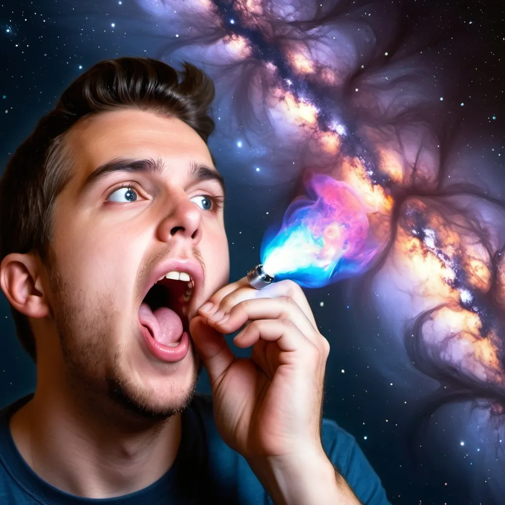 Prompt: guy stuffing his mouth with galaxy gas