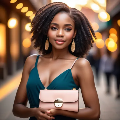 Prompt: (beautiful ebony women), holding a stylish purse, graceful pose, vibrant colors, expressive facial features, elegant outfit, glowing skin, cozy ambiance, warm sunlight filtering through, sophisticated setting, ultra-detailed, high-definition, capturing natural beauty and confidence, soft background bokeh.