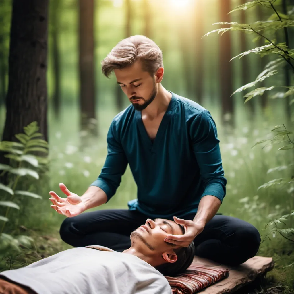 Prompt: the guy is doing reiki energy in nature