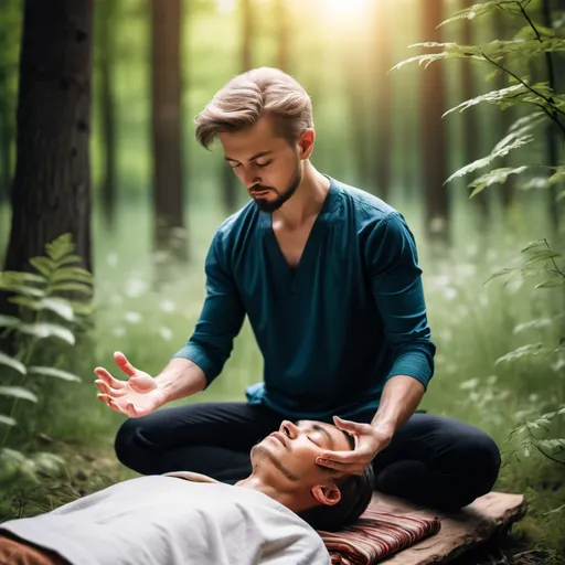 Prompt: the guy is doing reiki energy in nature