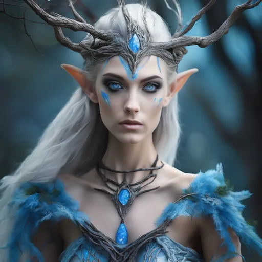 Prompt: female elven creature, with blue eyes and tree branch fashion dress