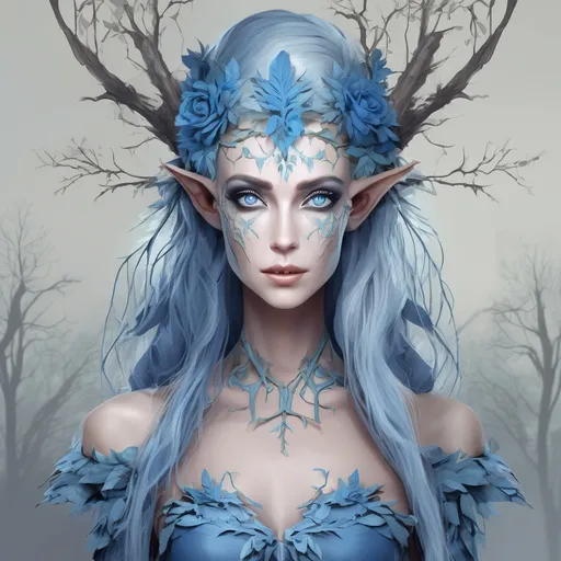 Prompt: female elven creature, with blue eyes and tree branch fashion dress