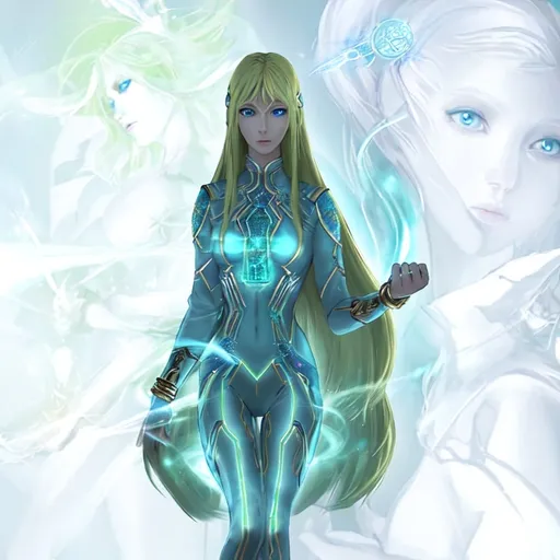 Prompt: Pleiadian woman, with Nordic features, full body, uniform tight to the body in light green, blonde hair, blue eyes and in her hand she has a strange bracelet