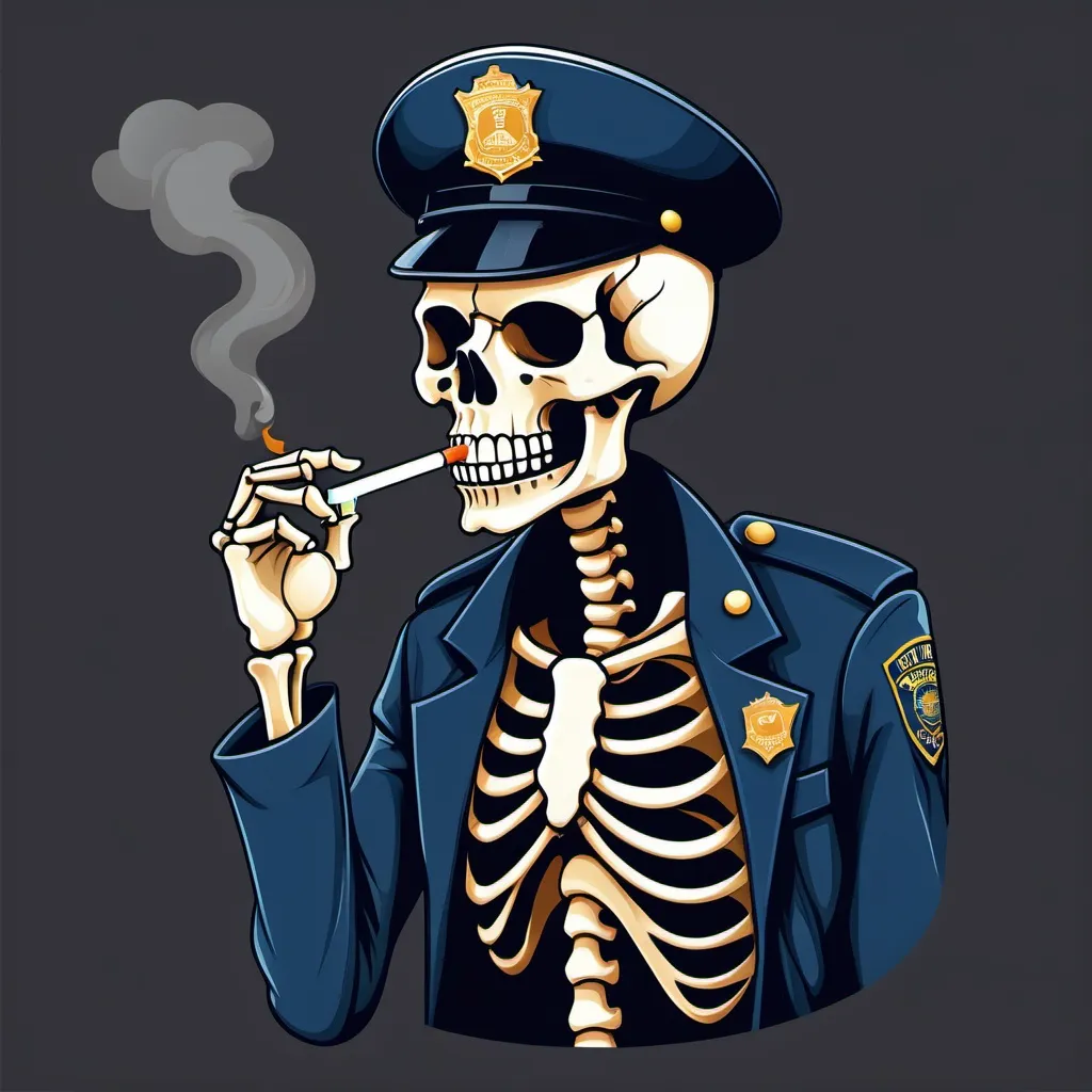 Prompt: a police officer thats a skeleton smoking a cigarette as a clip art image for a tshirt