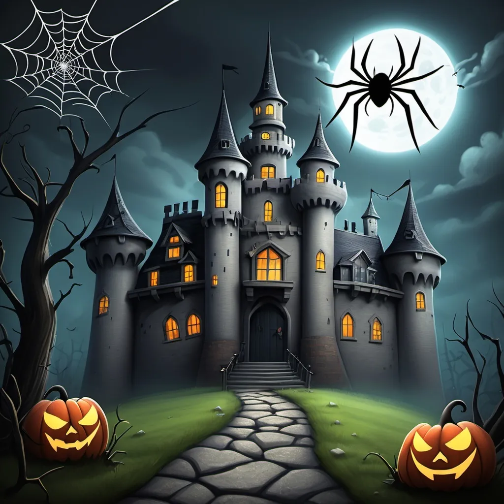 Prompt: Write spiderlandia and there will be spiders in the background on the scary old castle background and there will be writed spiderlandia