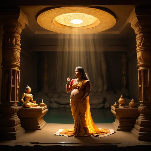 Prompt: A dimly lit chamber where Kunti, filled with curiosity and nervous excitement, whispers the mantra. In response, a brilliant ray of sunlight bursts into the room, and the majestic figure of the Sun god appears, filling the scene with golden light. Moments later, Kunti clutches her stomach, realizing she is pregnant. The scene transitions to a quiet riverbank under a pale moonlight. Kunti, with tears in her eyes, gently places her newborn son, Karna, into a basket. The basket floats away down a serene, moonlit river, with glowing ripples reflecting the night sky. Kunti watches, her face filled with sorrow and guilt, while the basket drifts toward an uncertain future.