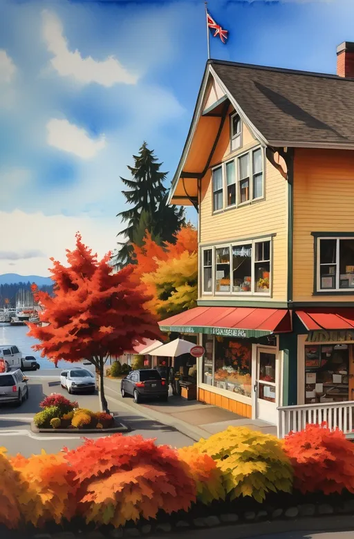 Prompt: town of Chemainus, British Columbia, (autumn scenery), vibrant warm hues, (watercolor style), cozy atmosphere, androuged foliage, quaint architecture, picturesque streets, soft brush strokes, golden light filtering through trees, scenic waterfront, eclectic local art displays, depth-rich background, serene vibe, ultra-detailed, nature's splendor, tranquil moment.