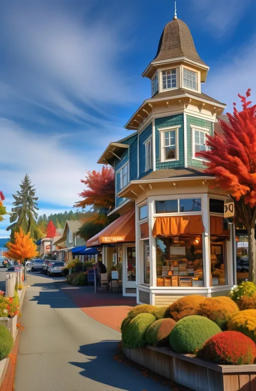 Prompt: town of Chemainus, British Columbia, (autumn scenery), vibrant warm hues, (watercolor style), cozy atmosphere, androuged foliage, quaint architecture, picturesque streets, soft brush strokes, golden light filtering through trees, scenic waterfront, eclectic local art displays, depth-rich background, serene vibe, ultra-detailed, nature's splendor, tranquil moment.