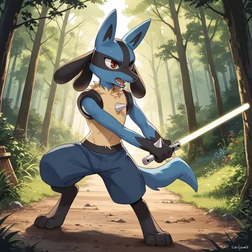Prompt: lucario flawlessly holding a lightsaber in the woods. 