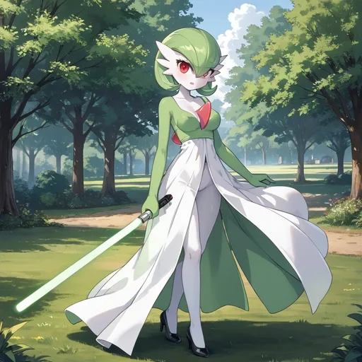 Prompt: gardevoir flawlessly holding a green lightsaber in the park.