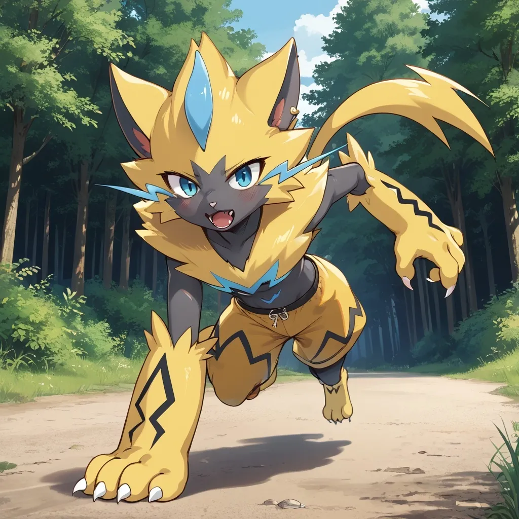 Prompt: female zeraora running in the woods.