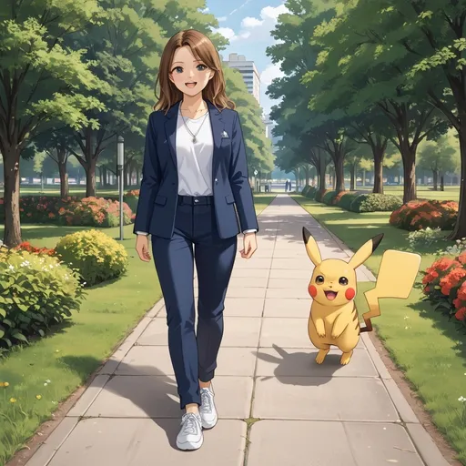 Prompt: feral pikachu looking happy walking next to his human trainer in the park.