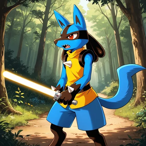 Prompt: lucario flawlessly holding a lightsaber in the woods. 