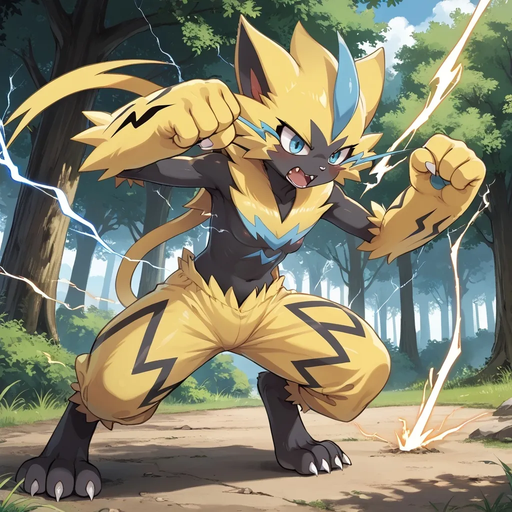 Prompt: a female Zeraora with her fist sparking with electricity and punching a tree.