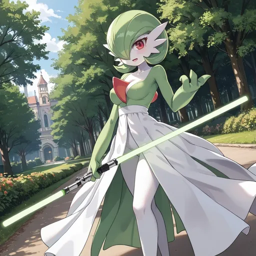 Prompt: gardevoir holding a green lightsaber in the park.