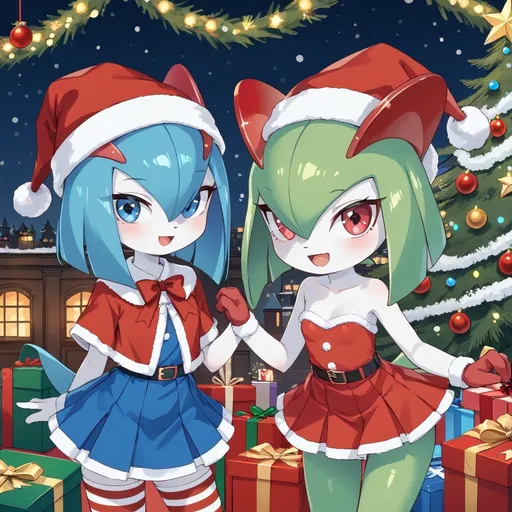 Prompt: Anthro kirlia smiling, in a Christmas costume.