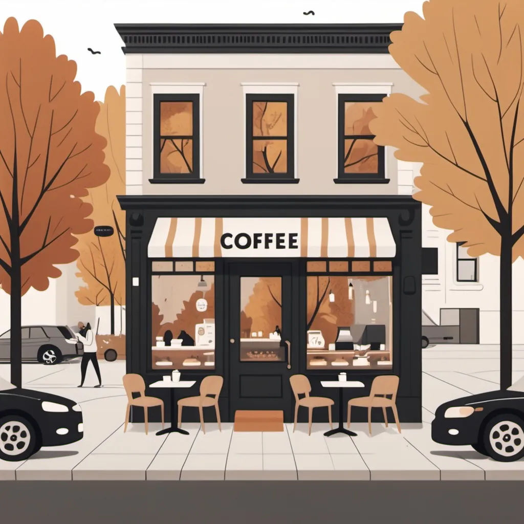 Prompt: Illustration of neutral aesthetic coffee shop in the fall