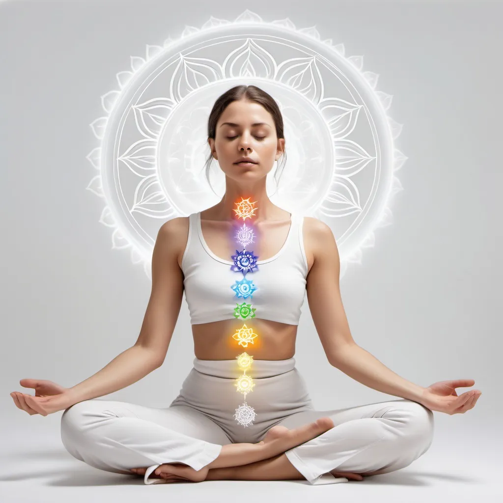 Prompt: white clear minimalist aesthetic of a woman experiencing an energy clearing  meditation of clearing chakras