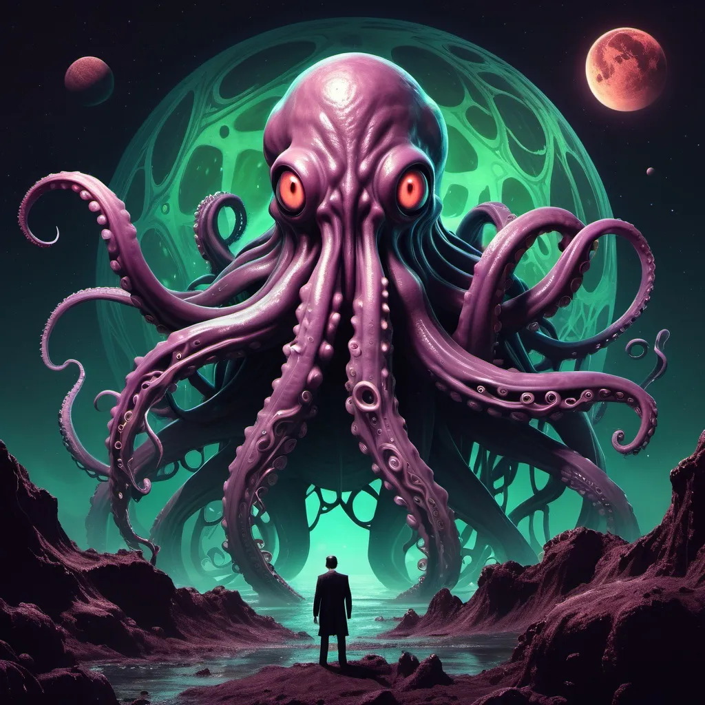 Prompt: create an image of a (hp lovecraft) themed monster, monster has lots of tentacles, on a planet with alien buildings, dark color pallet, alien planet