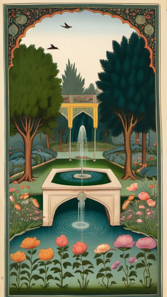 Prompt: a old-style persian illustration of an old garden with a fountain, hidden in the woods with birds and flowers and a bridge