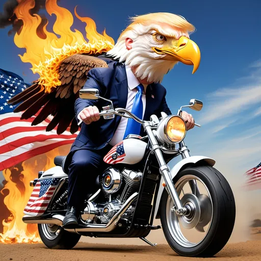 Prompt: america flags the background. Donald Trump riding a cool motosikal. Back of the motosikal has a large flame. A brave eagle is on Donald 's shoulder