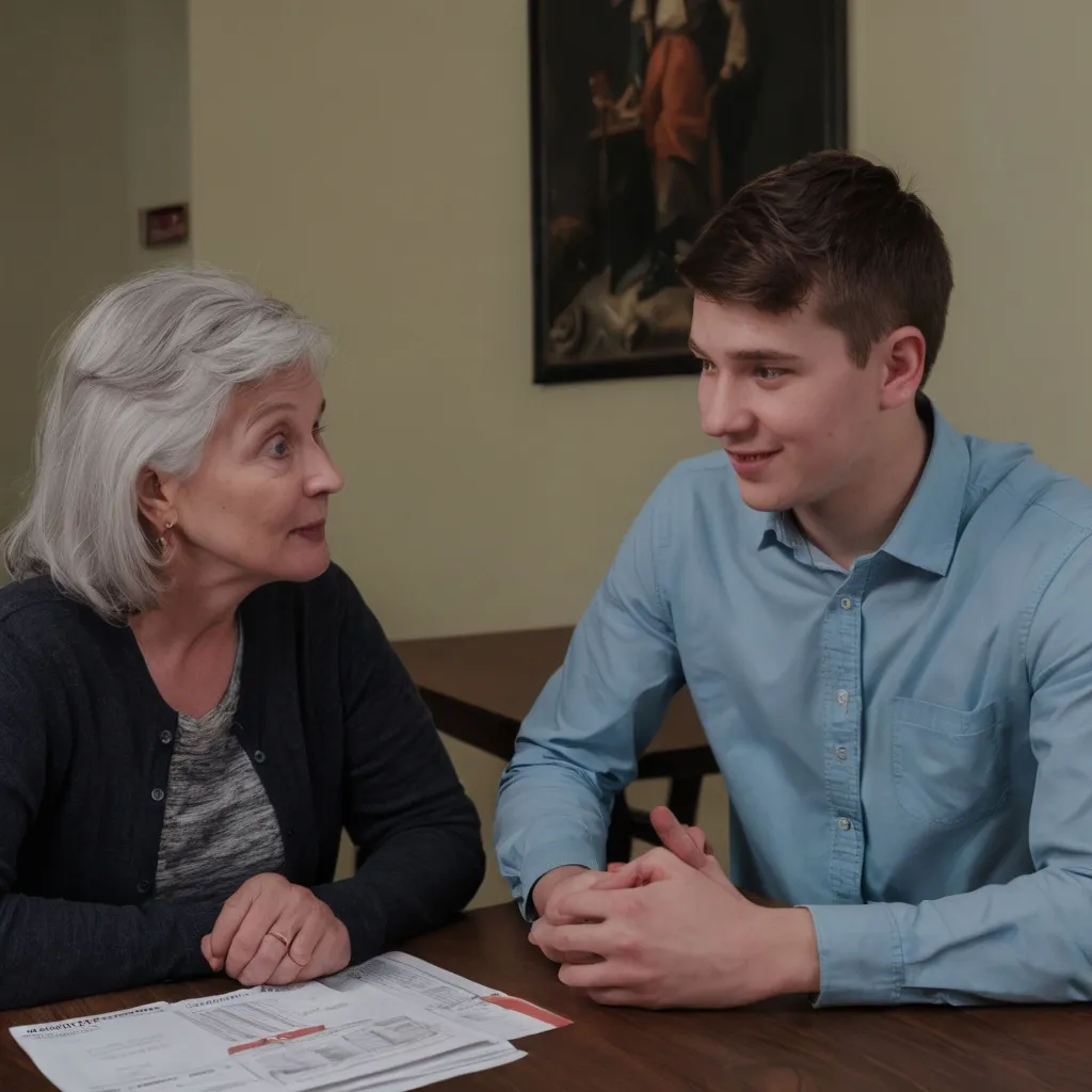 Prompt: A younger man and an older woman sits by a table. He explains what a budget is.