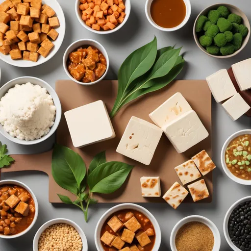 Prompt: picture of tofu, tempe, and other plant-based foods