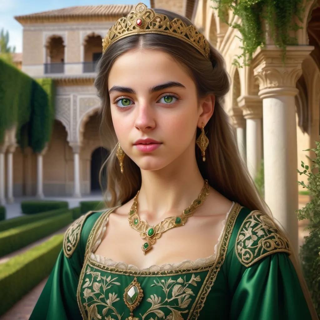 Prompt: High resolution realistic portrait of a beautiful young Andalusian princess from the 15th century. With green eyes. She wears elegant clothes embroidered with gold. She stands in the palace garden. Shows her entire body. The background is a lush garden in an Andalusian-style palace.