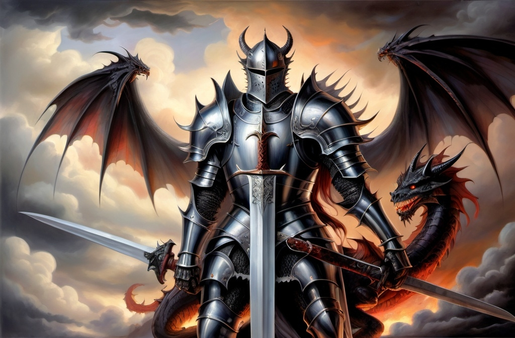 Prompt: a painting of a knight with a sword and wings on a cloudy background with a dragon and a demon, Anne Stokes, gothic art, dark fantasy art, a detailed painting