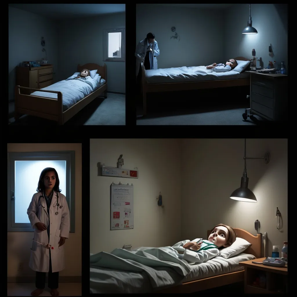 Prompt: Scene 1: Melkam's Bedroom

Panel 1: Melkam, a five-year-old girl, is lying in bed, wide-eyed with fear.
Panel 2: A shadow appears on the wall, and Melkam's eyes widen in terror.
Panel 3: The shadow takes the form of a doctor in a white coat, holding a syringe. Melkam screams and covers her face with her blanket.
Scene 2: The Town Square

Panel 1: Melkam and her two brothers, 8 and 10 years old, are playing in the town square.
Panel 2: A group of doctors and nurses walk by, talking among themselves. Melkam hides behind her brothers, trembling.
Panel 3: One of the doctors notices Melkam and smiles at her. Melkam's brothers encourage her to approach the doctor.
Scene 3: The Doctor's Office

Panel 1: Melkam, hesitant, follows her brothers into the doctor's office.
Panel 2: The doctor introduces herself to Melkam and explains that she is there to help people feel better.
Panel 3: Melkam watches as the doctor examines a sick child. She is amazed by the doctor's gentle and caring demeanor.
Scene 4: The Hospital

Panel 1: Melkam and her brothers visit the hospital to see their sick grandmother.
Panel 2: They see doctors and nurses working hard to help patients.
Panel 3: Melkam realizes that doctors are not scary at all; they are actually very helpful.
Scene 5: Melkam's Bedroom

Panel 1: Melkam is lying in bed, feeling safe and secure.
Panel 2: She smiles and closes her eyes, no longer afraid of the doctors.
Panel 3: The shadow of the doctor appears on the wall again, but this time, Melkam is not afraid. She smiles and waves at the shadow.