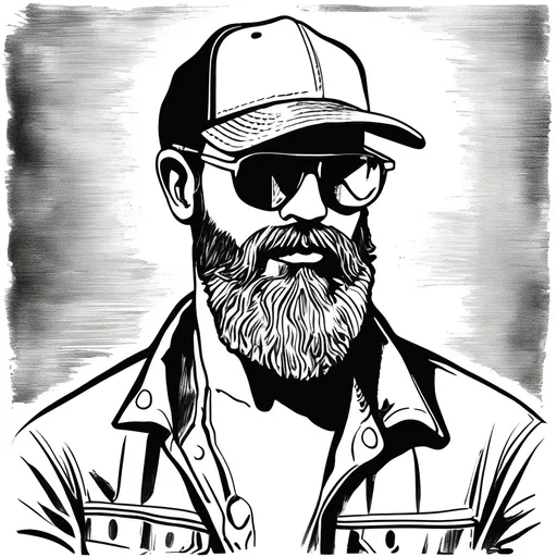 Prompt: Vintage clipart drawing of a man with a beard wearing dark sunglasses and a trucker hat, black and white, ink drawing