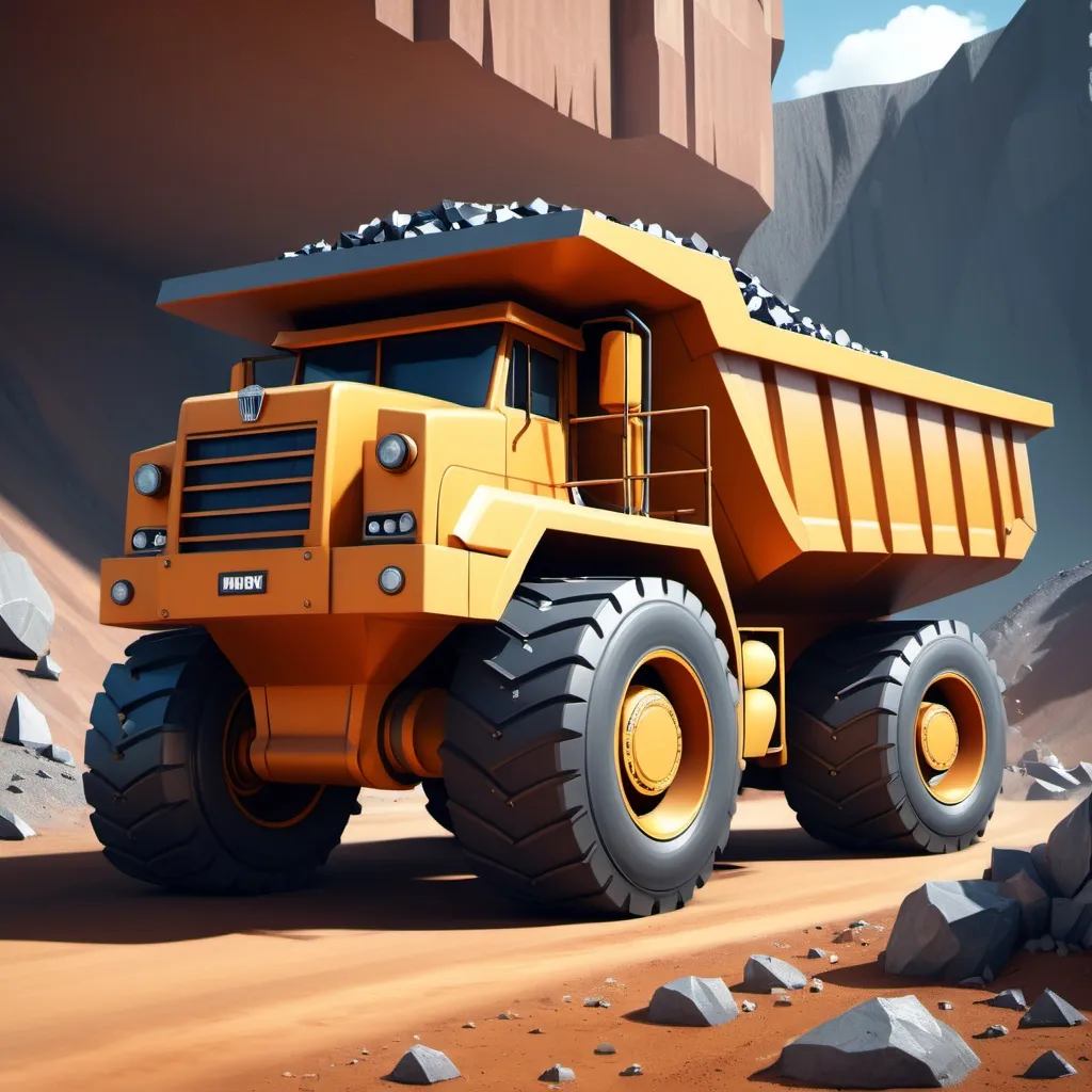 Prompt: A large mining truck but one of the wheels is a car wheel. Make it look very cartoony