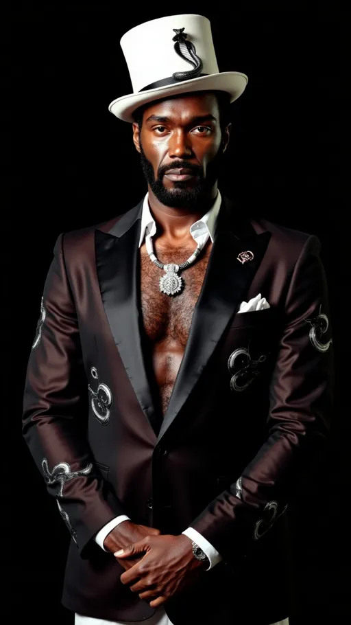 Prompt: Standing pose, showing head to toe,(Full length portrait) a black man with detailed facial features and confident expression, very hairy chest exposed, wearing a (black sheer see-through tuxedo jacket silver snake patterns on the sleeves), (white top hat with a striking king cobra around the brim), adorned with a (diamond snake amulet around his chest), wearing a snakeskin loincloth, (color photo), (highly detailed), vibrant hues, dramatic ambiance, upscale fashion setting.