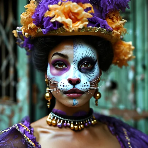 Prompt: create an image of the entrance of a New Orleans secret society club, Société de la Nuit, hidden in the catacombs under the LaLaurie Mansion. include a door man who is a very tall woman in a Mardi gras dress with a plunging neckline. the woman has catlike facial features and whiskers on her face. The woman is supernatural in appearance. Her face is 75% Woman and 25% cat. Photorealistic.