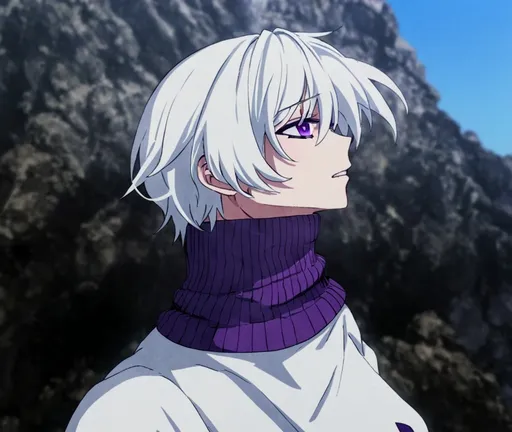 Prompt: anime boy with white hair and purple turtle neck. purple eyes. white shirt.